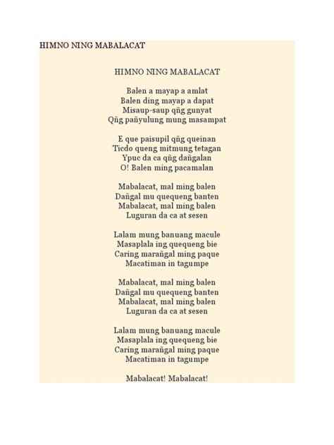 himno ning mabalacat lyrics|Text Files of Lyrics to Philippine City and Municipal Songs .